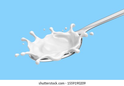 Milk Yogurt Healthy Natural Hi Calcium And Protein Realistic Splashing On Silver Spoon, 3D Illustration