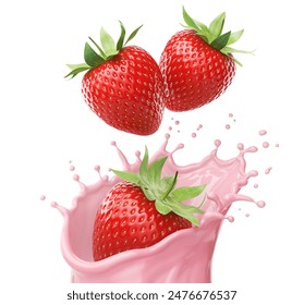 milk or yogurt splash with strawberries isolated on white background, 3d rendering.