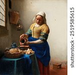 The Milkmaid (ca. 1660) by Johannes Vermeer. Vintage milkmaid portrait art illustration, old Baroque painting, Johannes Vermeer art print.