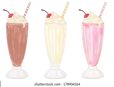 Milkshakes - chocolate, vanilla/banana and strawberry