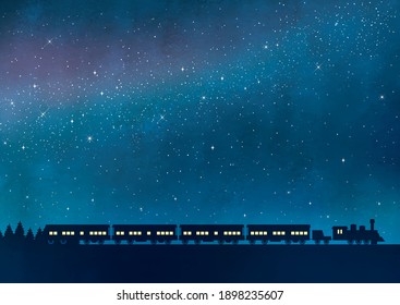 Milky Way and train watercolor illustration