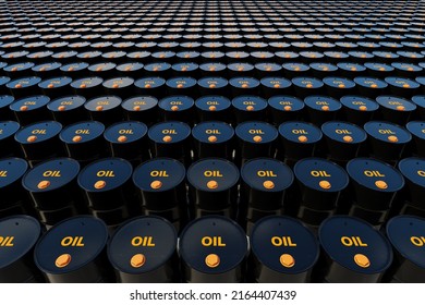 Million Barrels Of Crude Oil, Fossil Fuel Petroleum And Gasoline Drums. 3D Rendering