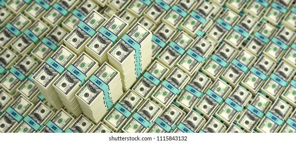 Millions Of Dollars - Piles Of 100 Dollar Bills - 3D Rendering