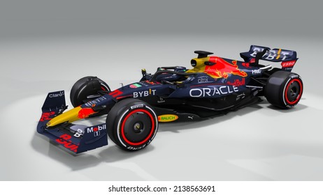 Milton Keynes, England, February 9 2022 Sergio Perez (MEX) Red Bull RB18 For F1 2022 Challenger, 3D rendering