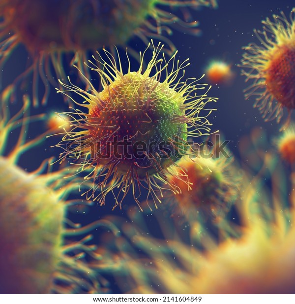 Mimiviruses are part of the Mimiviridae\
family and among the largest viruses. Giant viruses can be larger\
than bacteria, 3d\
illustration