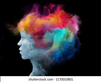 Mind Fog Series. Arrangement Of 3D Rendering Of Human Face Morphed With Fractal Paint On The Subject Of Inner World, Dreams, Emotions, Imagination And Creative Mind