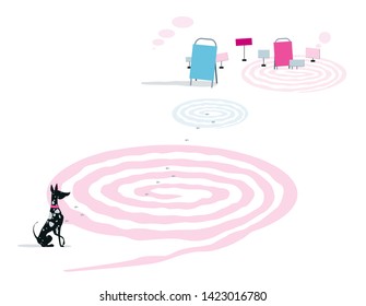 Mind Games. Dog Of Marble Colors Sits Near A Maze. Illustration