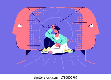 Mind Games Effect Illustration. Paradigm Shift Changing, Rethink Idea Perception Flat Style Design. Guy Pulling Threads Of Thoughts. Intelligence Concept