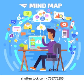 Mind Map of person who works at computer with apps, chat managers, internet and personal data icons  illustration.