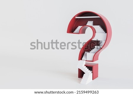 Mind maze concept with huge question mark with lots of white stairs inside on blank wallpaper with copyspace for your text. 3D rendering, mockup