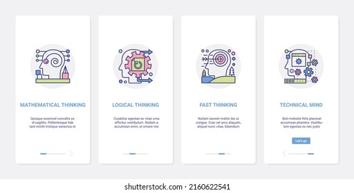 Mind Processes Logic Illustration. UX, UI Onboarding Mobile App Page Screen Set Of Abstract Line Human Head Processing In Fast Mathematical Logical Thinking, Technical Intelligence Symbols