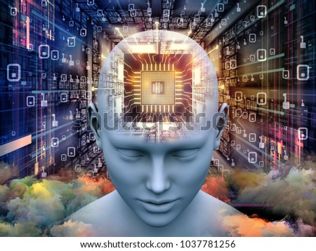 Mind Processor series. 3D illustration of  Human head with CPU in perspective on the subject of  artificial intelligence, mind, mass media and modern technology