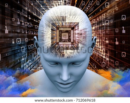 Mind Processor series. 3D illustration of Human head with CPU in perspective to serve as backdrop for projects related to  artificial intelligence, mind, mass media and modern technology