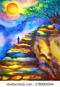 Mind Spiritual Human Meditation On Mountain Abstract Art Watercolor Painting Illustration Design Drawing