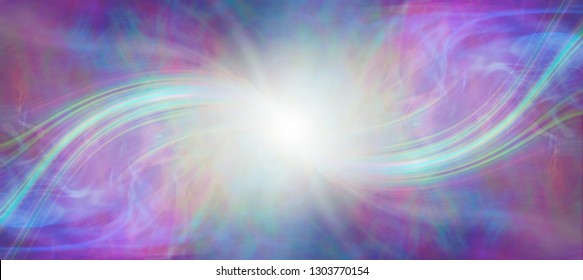 Mindfulness Connection With The Divine Source - Central White Energy Orb With A Symmetrical Bright Laser Light Coming In From Each Side Against A Pink Blue Green Gaseous Background 
