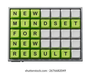 Mindset symbol. Computer keyboard keys with words New Mindset for new Result.Business and New Mindset new Result concept. Copy space.3D rendering on Green Screen for footage and clipping path.