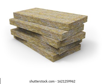 Mineral Basalt Rock Wool Mats Stack Isolated On White Background. Thermal Insulation Construction Material. 3D Illustration.