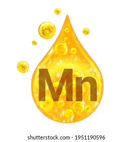 Mineral Vitamin complex. Mineral Mn. Manganese. Golden drop and golden balls Isolated on white background. Health concept. Mn Manganese.