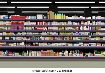 Minerals and Vitamins on shelf in pharmacy store mockup 3D illustration is suitable for presenting new packagings box designs packagings, among many others.
