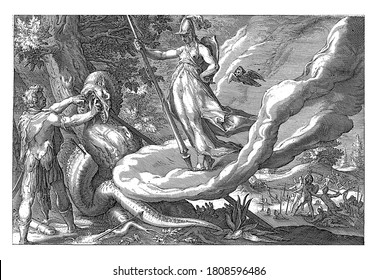 Minerva instructs Cadmus to sow the dragon teeth he has just killed. On the left, Cadmus pulls the dragon's teeth out of its mouth, vintage engraving.