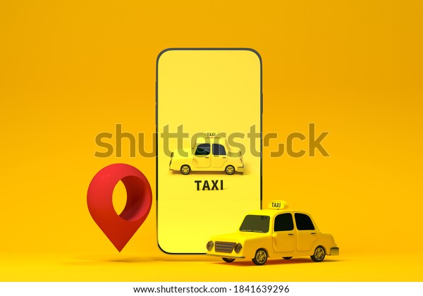 Mini 3D taxi, mini car with a mobile\
phone, 3d rendering. Computer digital\
drawing.