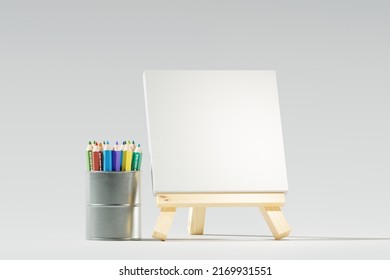 Mini Artist Blank Canvas Frame, Mini Wood Display Easel, color pencils in a tin - 3d render illustrator