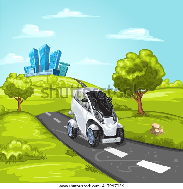Mini car on asphalt\
road and modern\
city