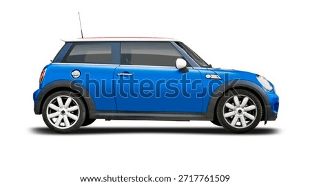 Mini Cooper model S small sport hatchback car, side view isolated on white background