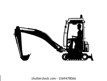 Mini Excavator. Silhouette Of An Excavator With An Operator Inside. Side View. Raster.