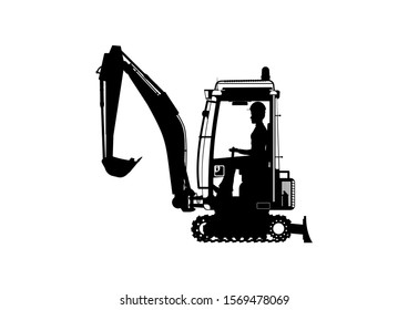 Mini Excavator. Silhouette Of An Excavator With An Operator Inside. Side View. Raster.