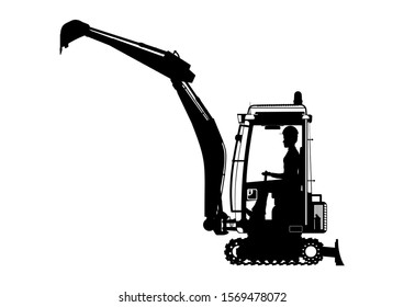 Mini Excavator. Silhouette Of An Excavator With An Operator Inside. Side View. Raster.