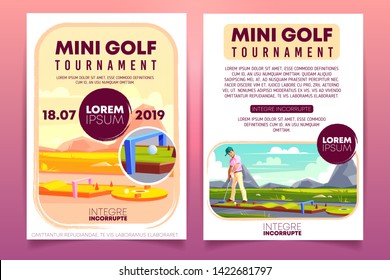 Mini Golf Tournament Cartoon Promo Brochure, Invitation Flyer Template. Player With Putter Playing Golf On Course Or Putting Line Outdoors Illustration. Country Sports Club Competition Leaflet