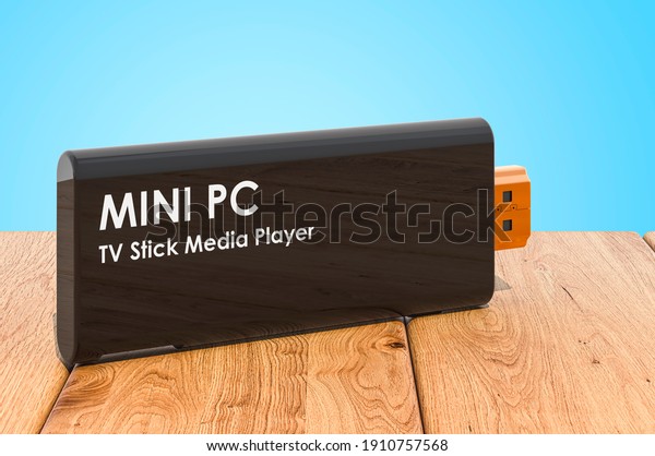 Mini PC TV Dongle Stick on the wooden planks,\
3D rendering