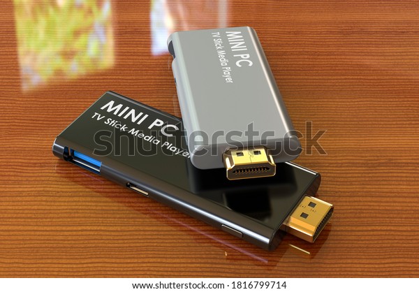 Mini PC TV Dongle Sticks on the wooden table.\
3D rendering