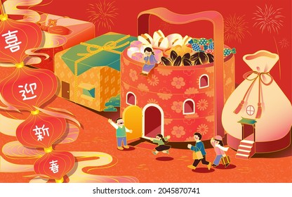 Miniature Asian Family Visiting Their Grandparents On Street Full Of Various Large Gift Boxes. Concept Family Reunion On Chinese New Year's Eve. Text: Welcome The Arrival Of Lunar New Year