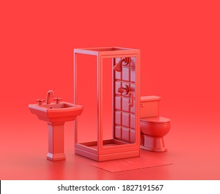 Miniature Bathroom With Shower, Sink And Closet  In Red Background, Monochrome Single Color Red 3d Icon, 3d Rendering