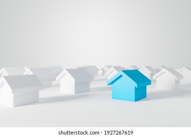 Miniature Blue House In Among White Houses For Real Estate Property Industry. 3d Illustration