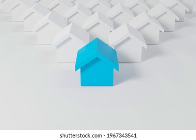 Miniature blue house in among white houses for real estate property industry. 3d illustration