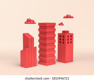 Miniature Buildings with small clouds and cars, 3d Icon, monochrome red color, flat and solid style, 3d Rendering