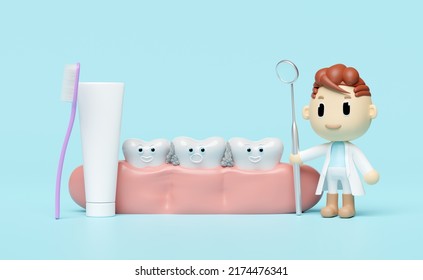 Miniature Cartoon Character Dentist 3d With Dentist Mirror, Toothbrush, Gums, Dental Molar, Check For Cavities, Dental Examination Of The Dentist, Health Of White Teeth, Oral Care 3d Render 