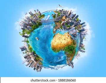 Miniature Earth Planet Globe Mini Sphere, Globe Continents Map Natural Landscape, Energy Conservation, Global World Industry, Business Globalization Concept. Earth Day Environmental Ecology 3D Render