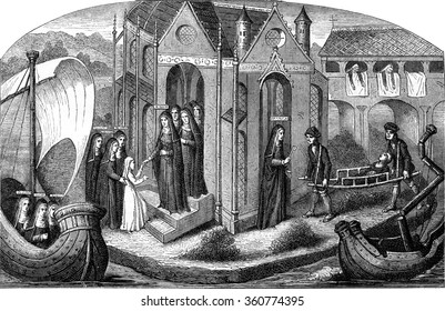 Miniature Of The Fifteenth Century, Reception Of A Novice To The Hotel Dieu In Paris, Vintage Engraved Illustration. Magasin Pittoresque 1869.
