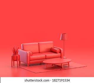 Miniature Interior Room With Sofa In Red Background, Monochrome Single Color Red 3d Icon, 3d Rendering