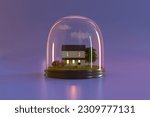Miniature model of a country house in a glass sphere ball on a stand. Suburban landscape, creative concept for realtor, suburban real estate agency. 3d render illustration.