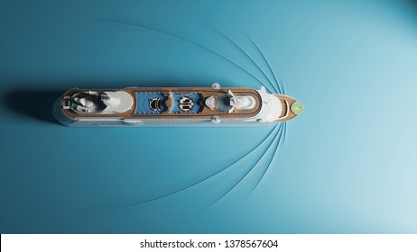 Miniature Model Of A Cruise Ship On Blue Paper. Concept Art Of Travel. 3d Illustration