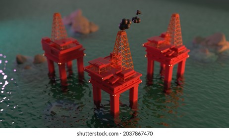 Miniature Models Of Offshore Oil Rig Platforms - 3D Illustration