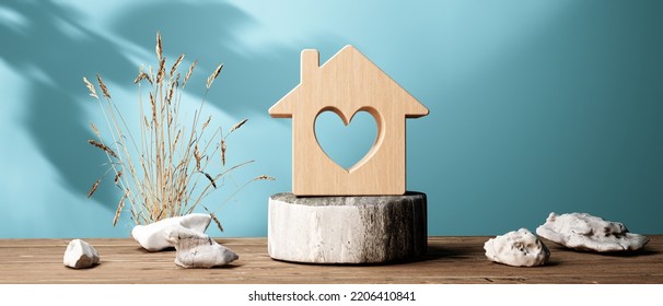 Miniature Wooden Block House With A Heart - 3D Render