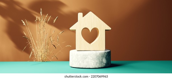 Miniature Wooden Block House With A Heart - 3D Render