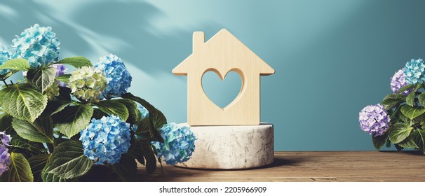 Miniature Wooden Block House With Hydrangea Flowers - 3D Render