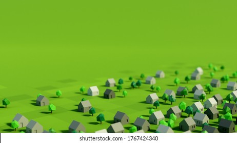 Miniature Wooden Single Family Houses And Trees In Green Enviroment. 3D Illustration